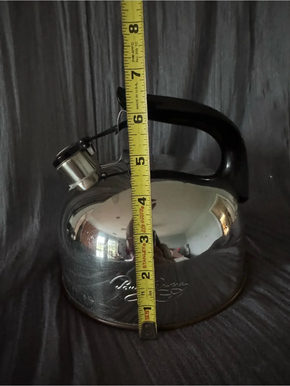 Paul Revere Stainless Steel Tea Kettle with Black Handle